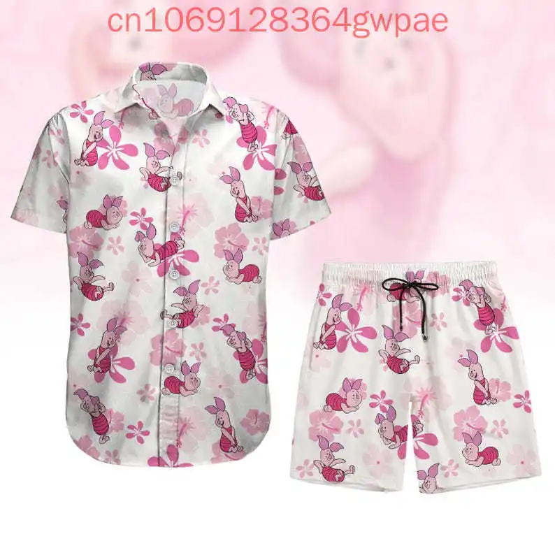 Disney Piglet Aloha Floral Button Shirt Winnie the Pooh Shirt And Shorts Suit Magic Kingdom Men Women Hawaiian Shirts