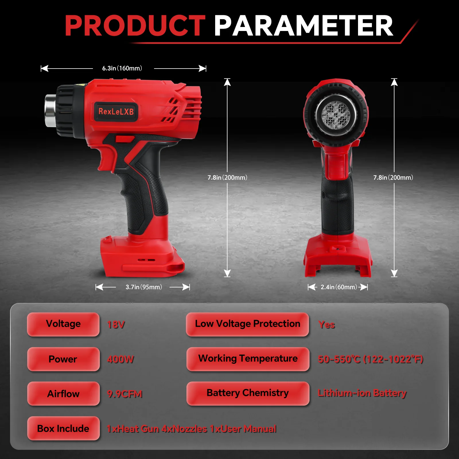 Pistolet à air chaud sans fil avec affichage numérique LCD, température variable, odorthermique, batterie Milwaukee 18V, sans batterie, 400W, 50 ℃-550 ℃