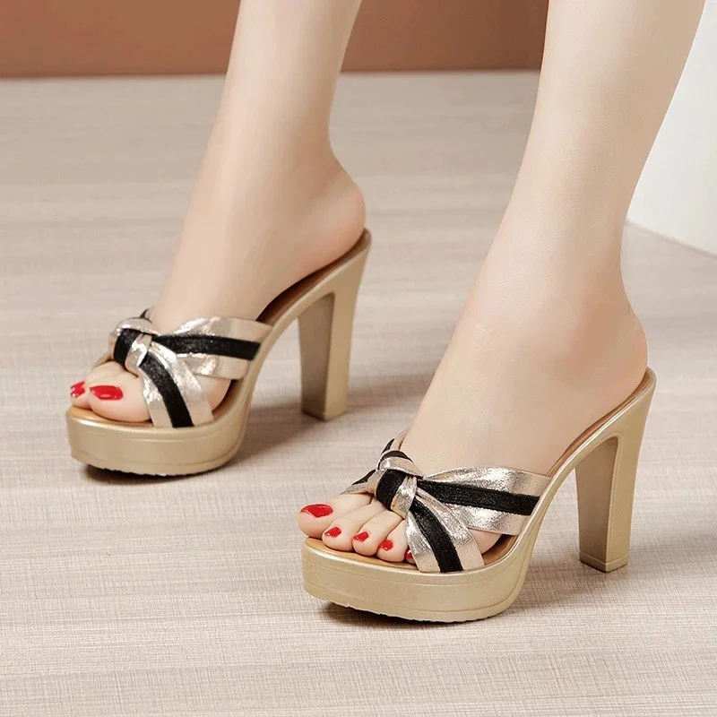 BEYARNE Plus Size 32-43 Open Head Block Heel Platform Slippers Summer Stripe Elegant High Heels Slides Office Party Shoes