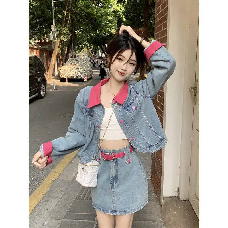 Spring Autumn Simplicity office Lady Solid color Long sleeve Denim jacket Women Fashion All-match High Waist skirt Two-piece set