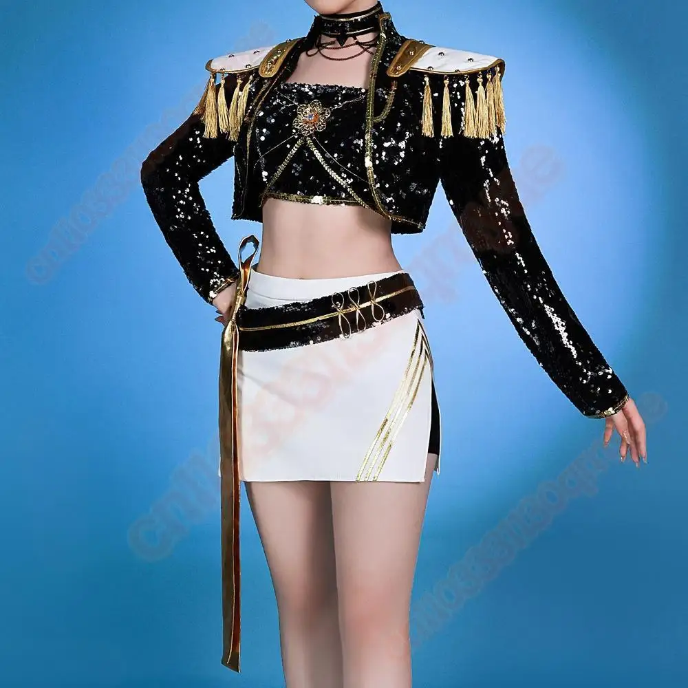 2025 K-POP 데몬 헌터즈 코스프레 루미 조이 미라 블랙 무대 의상 할로윈 코스튬 여성 상의 스커트 자켓 헤드웨어 가발