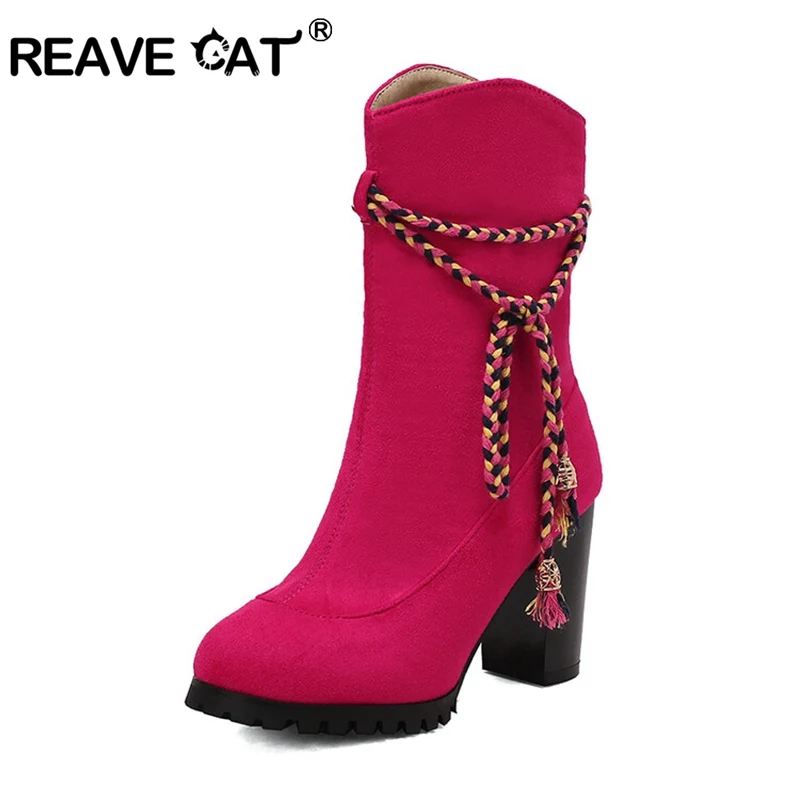 REAVE CAT Big Size 50 Suede Flock Ankle High Boots 9cm Flock Sale Chunky Heel Round Toe Women's Booties Plush Black Red Apricot