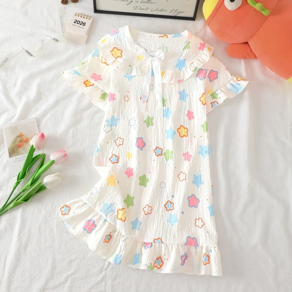 Breathable Wrinkle Bubble Fabric Girls Nightgown Colorful Floral Print Ruffle Short Sleeve Bow Decor Loose Summer Sleep Dress