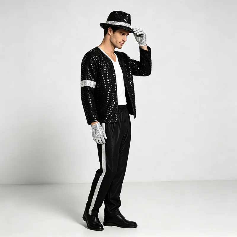 Michael Jackson Pailletten-Kostümset für Erwachsene und Kinder, silberfarbene Streifenjacke, Hose, Hut, Handschuhe, Beinwärmer, Pop-Star-Outfit – Detail 10