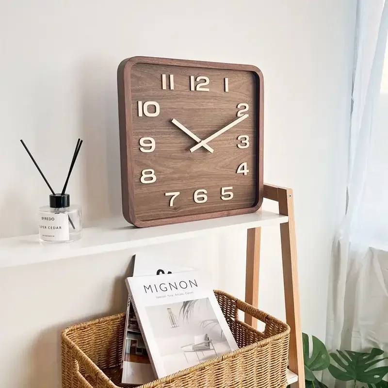 Solid wood square wall clock Retro Walnut silent Chinese wall clock Punch-free living room wall clock