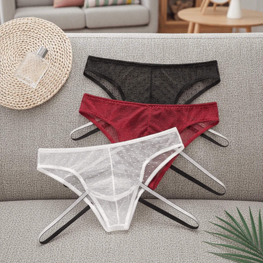 Lingerie Men's Triangle Panties Dots Mesh Mid Waist Men Thin Briefs Bright Stripe Strap Breathable Underwear for Men Gifts