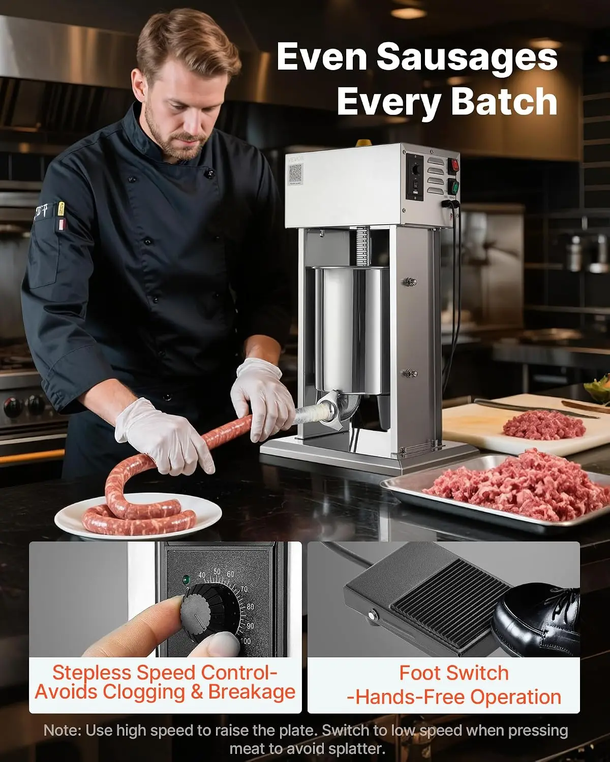 Electric Sausage Stuffer, 22 LBS / 10 L Vertical Meat Stuffer, Stepless Speed Control and Foot Pedal, Stainless Steel Heavy Duty