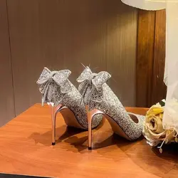 Silver Rhinestone Pointed Toe Ladies Summer Footwear Diamond with Bow Evening Shoes for Women 2024 Crystals Super High Heel A 39