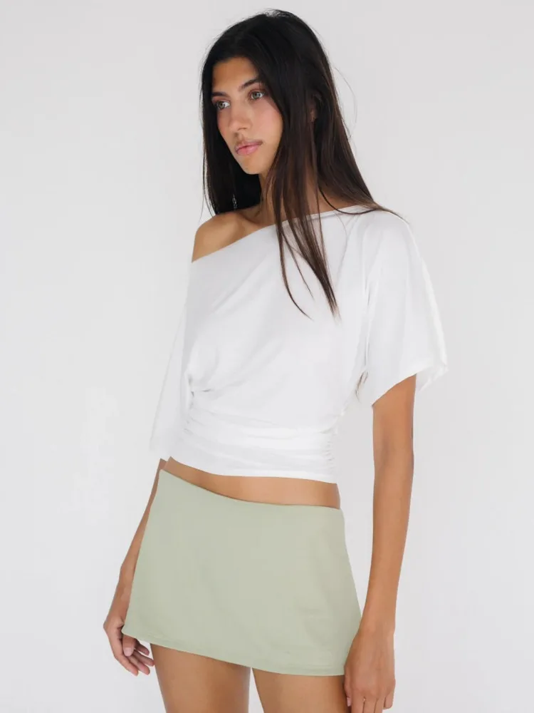 Blifanbo Oblique Shoulder Sexy T-shirt Tops For Women Short Sleeve Fashion Slim Fit Solid Pleated Summer Female T-shirt Tops image 6