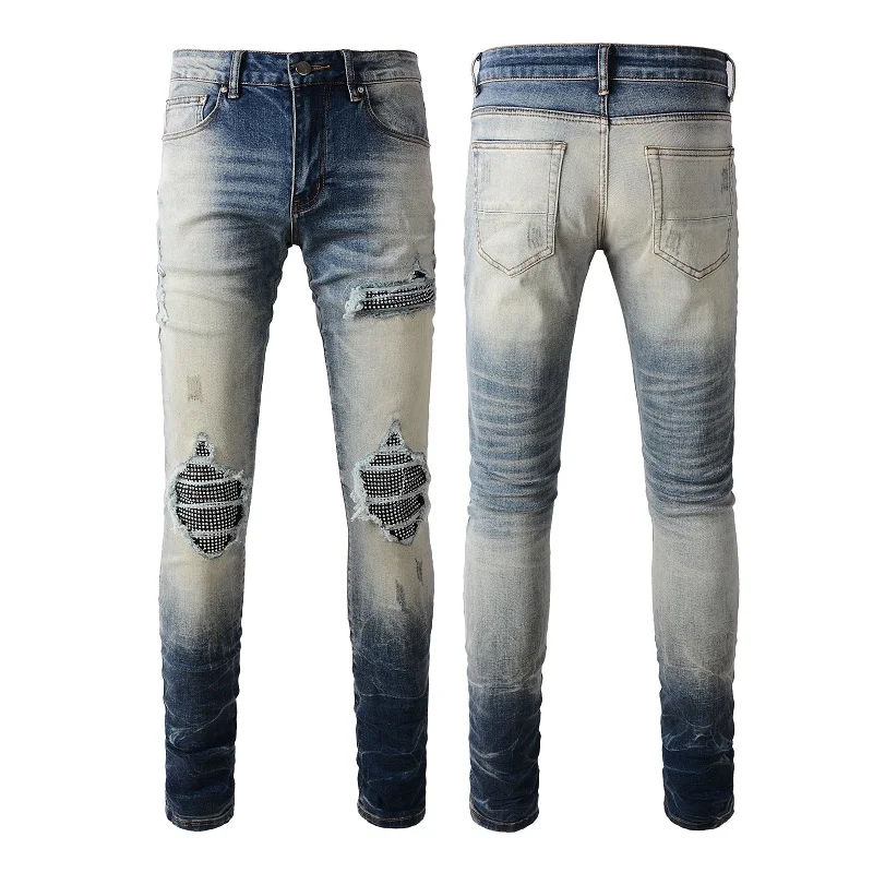 New Men's Skinny Jeans High Street Crystal Splicing Stretch Worn Indentation Stacked High Quality Hole Breaking Jeans