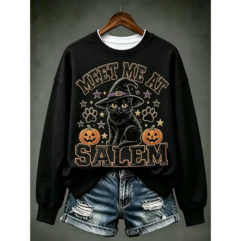Meet Me At Salem Halloween Black Cat 3D Print Sweatshirt Family Matching Outfits Witch Hat Pumpkin Graphic Top Adults Kids