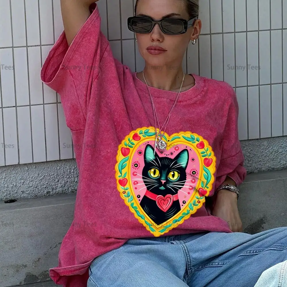 

Летняя женская футболка в готическом стиле с цветочным принтом Love Kitten, тонкая хлопковая футболка большого размера, пляжный топ, быстросохнущая повседневная уличная одежда больших размеров