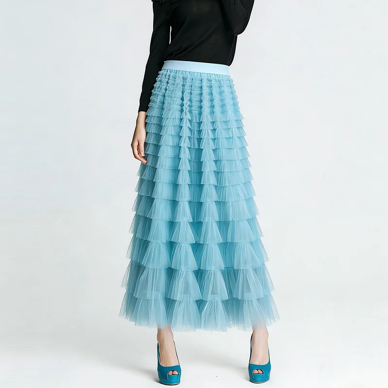 

Elegant Temperament Layered Cake Fluffy Lace Mesh Silk Feeling Elastic Waist A-line Skirt For Women PY26008