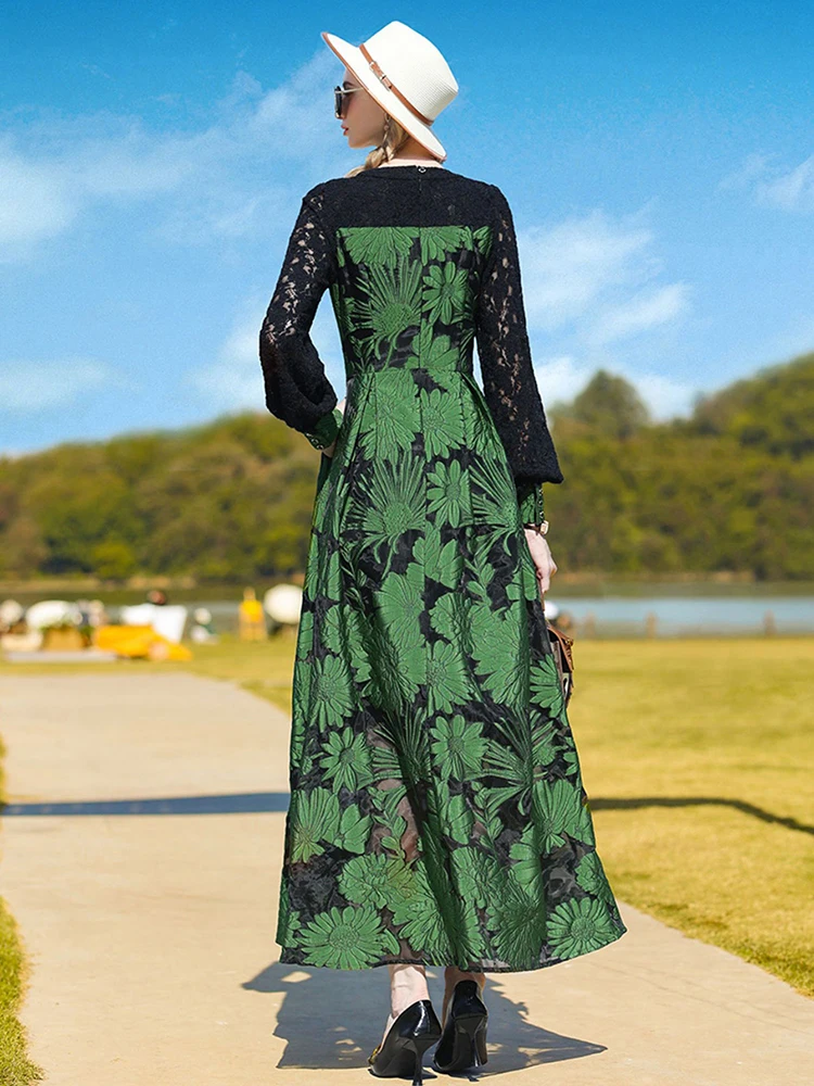 Luxurious Lace Panel Dress Women's Jacquard Party Long Sleeve Gown Spring Quality Retro Maxi Dresses Floral Dinner Ball Robe