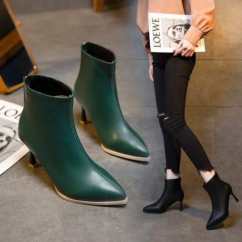 Autumn and Winter New Pointed Back Zipper Color Matching Fashion Stiletto Heels 2024 All-match Female Boots Short Leather Shoes