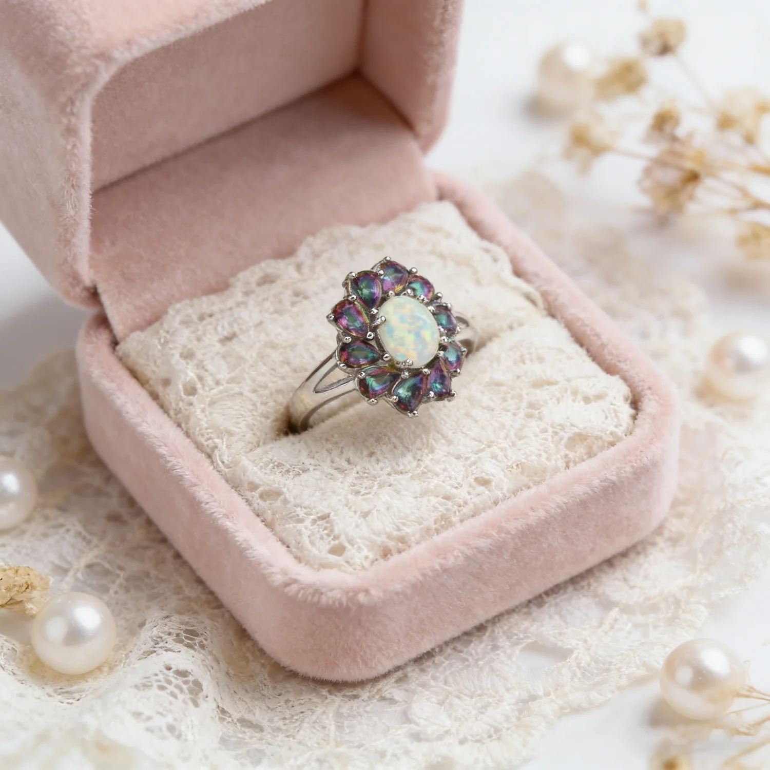 Luxury Flower Cocktail Ring Floral Rainbow Stone & White Opal Rings For Women Fashion Jewelry Bohemia style Gift for Girlfriend