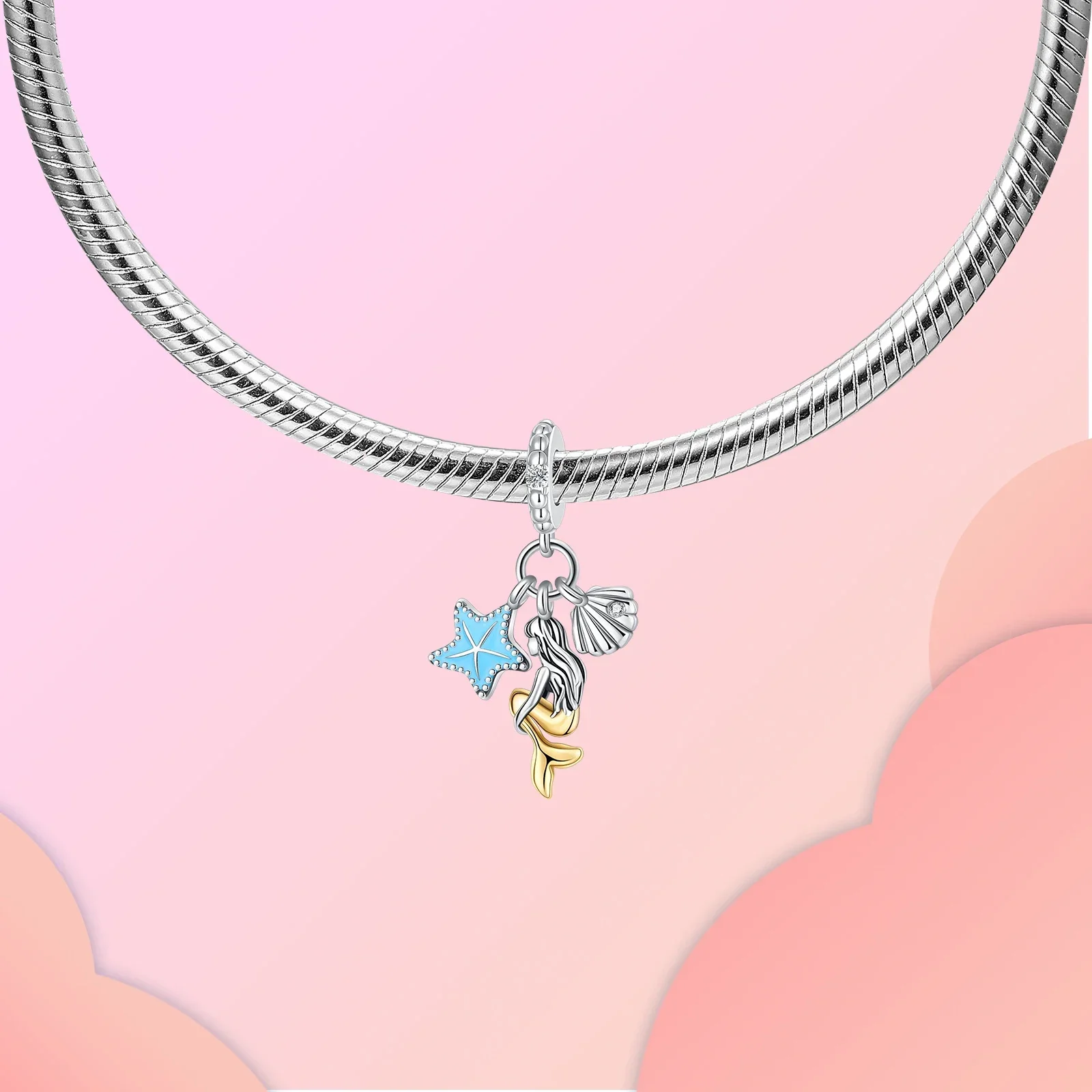 نجم البحر و حورية البحر شل قلادة Charm للنساء ، 925 فضة ، يناسب الأصلي باندورا أساور ، DIY بها بنفسك مجوهرات هدية