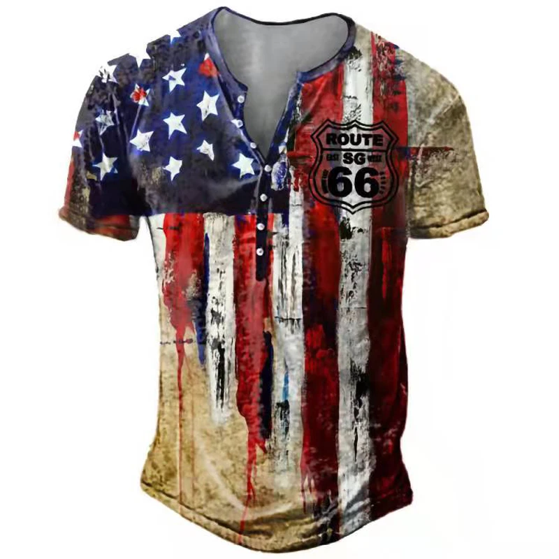 Vintage Button 66 Route V-neck American T Shirt Short Sleeve Gothic T Shirt For Men Oversized Tops Tee Shirt Men Punk Streetwear