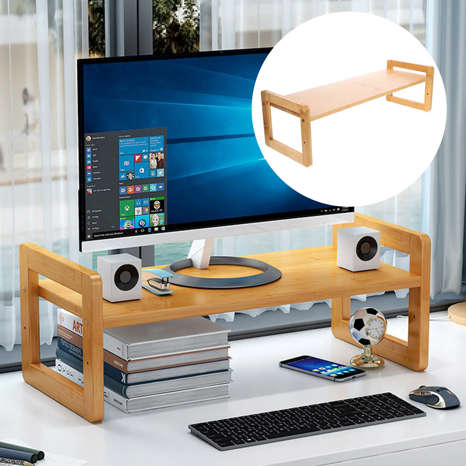 Detachable Bamboo Monitor Riser Stand Desktop Storage Rack Office Laptop Shelf Computer Screen Holder Ergonomic Heightening