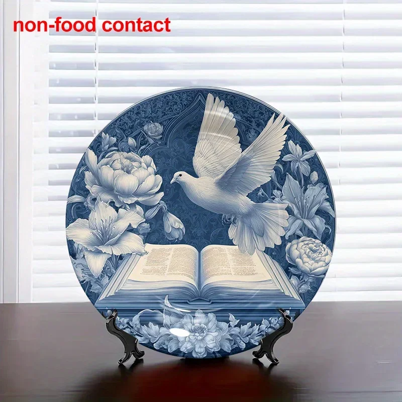 1pc 8Inch Round Ceramic Hanging Wall Art Plate - Vintage Dove & Bible Design with Floral Pattern, Non-Food Contact Home Decor,