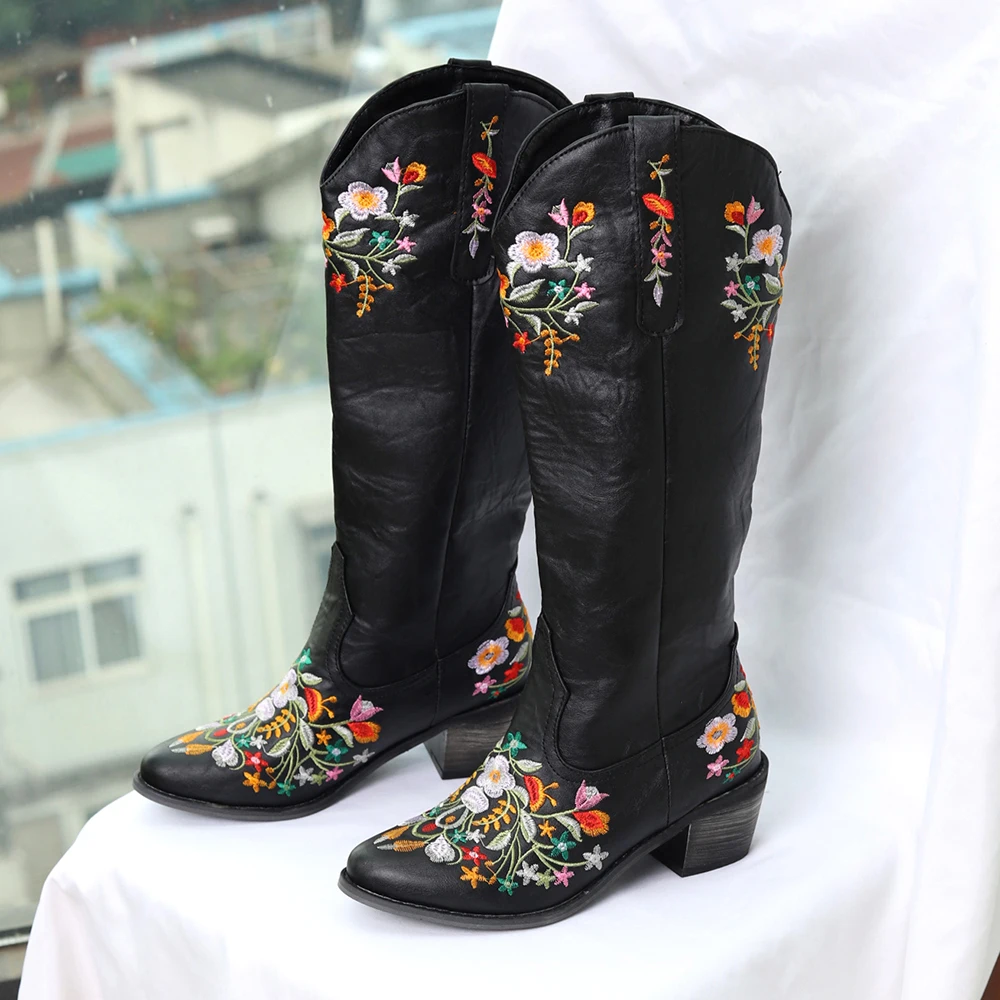 Botas con bordado de flores Vintage para mujer, botas vaqueras occidentales, trabajo informal, equitación, tacón grueso, novedad