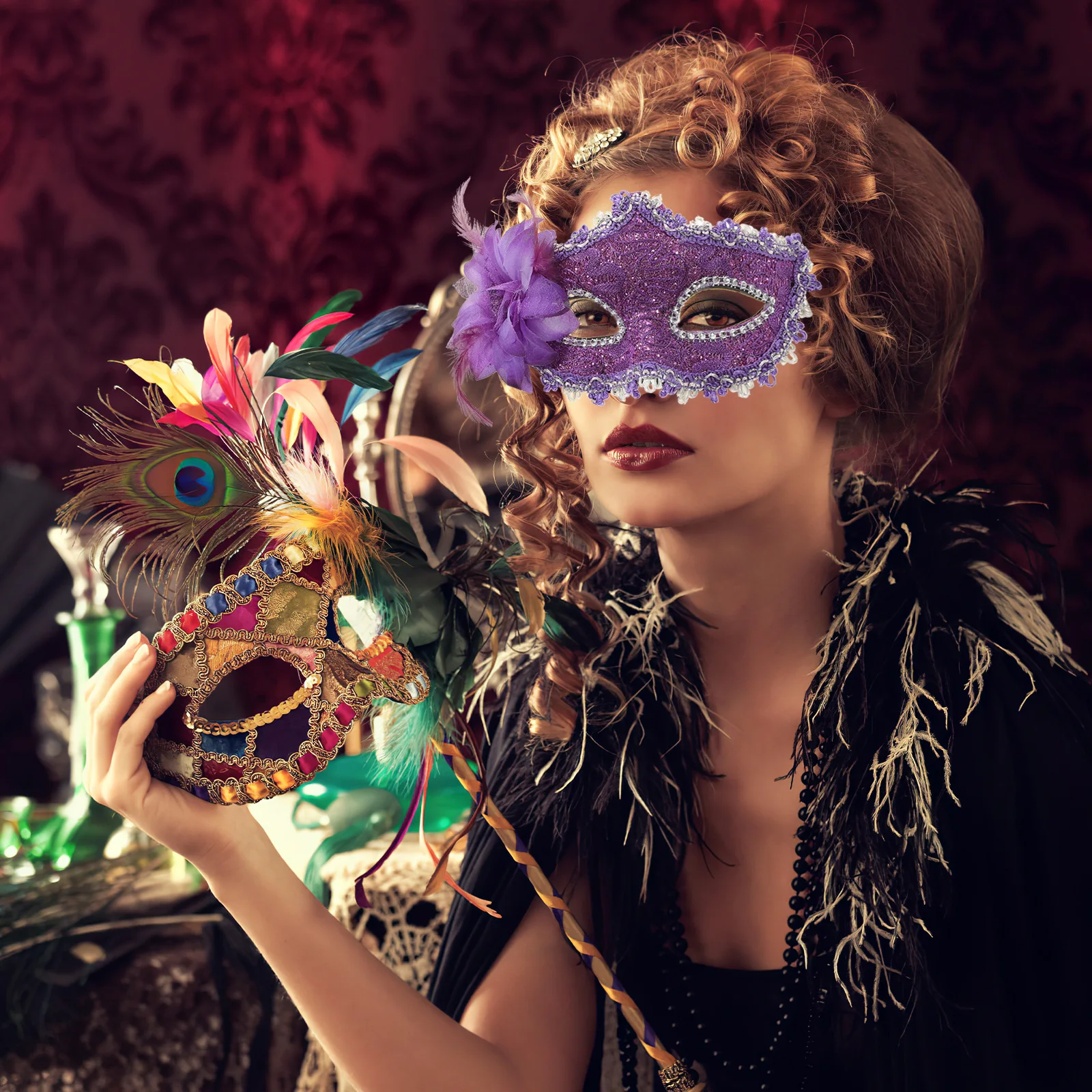 

Purple Lace Venetian Mask Lily Flower Crystal Rhinestones Elegant Halloween Masquerade Costume Party Venetian Mask Purple