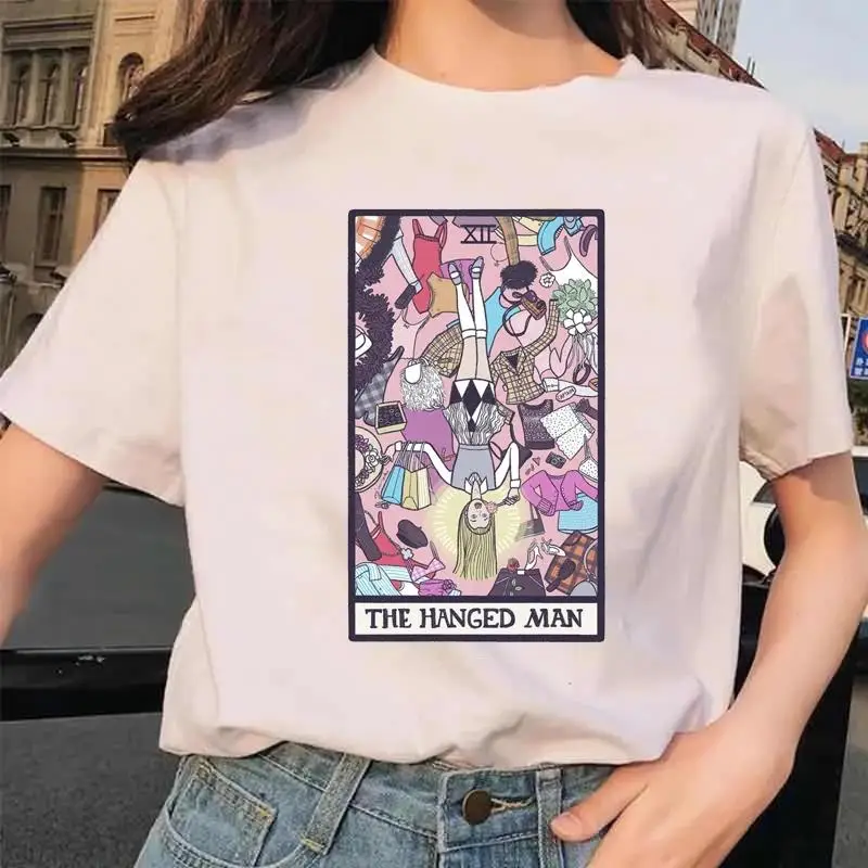 Karty do tarota kwiat zabawny czas wydruk graficzny T Shirt moda na co dzień wycięcie pod szyją krótki rękaw Plus rozmiar T Shirt kobiet