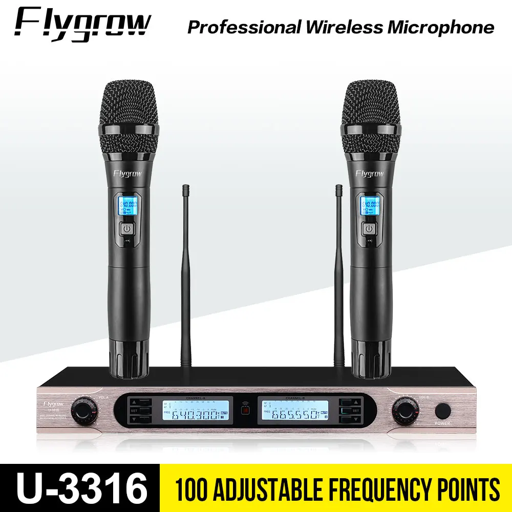 Flygrow U-3316 Professional Wireless Microphone UHF Frequency 2-Channel Metal Handheld For Meeting Performance Karaoke Party