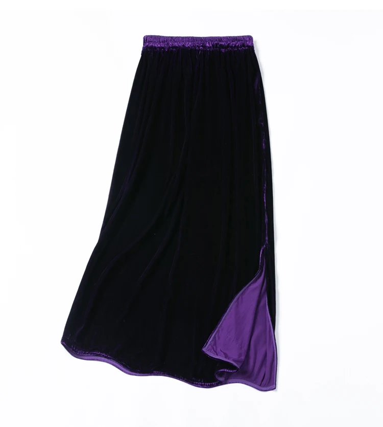 

Women Velvet Silk Midi Skirt 100% Mulberry Silk Lining Purple Elastic Waist Chic Skirts 2026 Office Lady QQ009