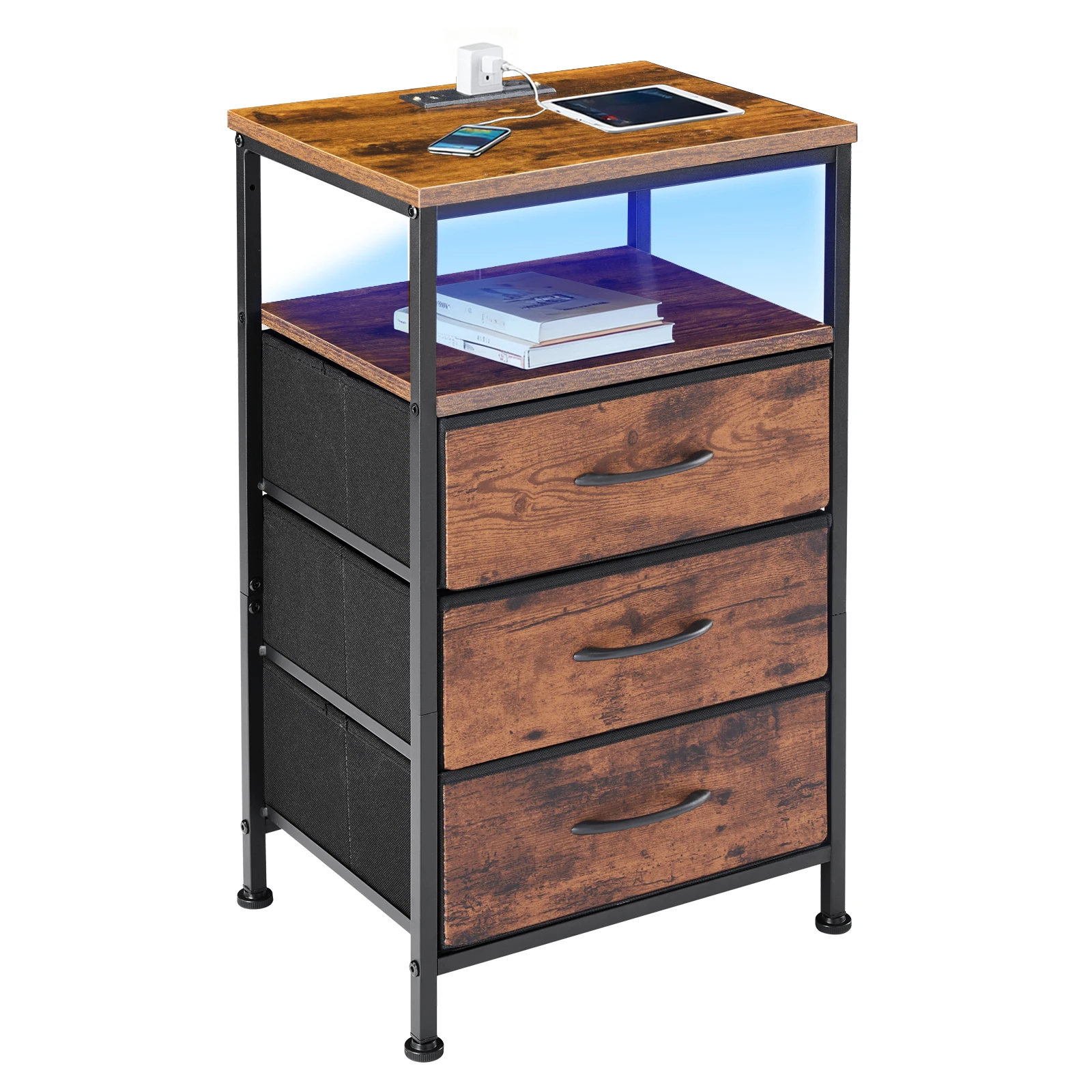 MCQ 3 Fabric Drawers Cabinets with Charging Station LED Light Strip Bedside End Table Storage Nightstand for Home Furniture