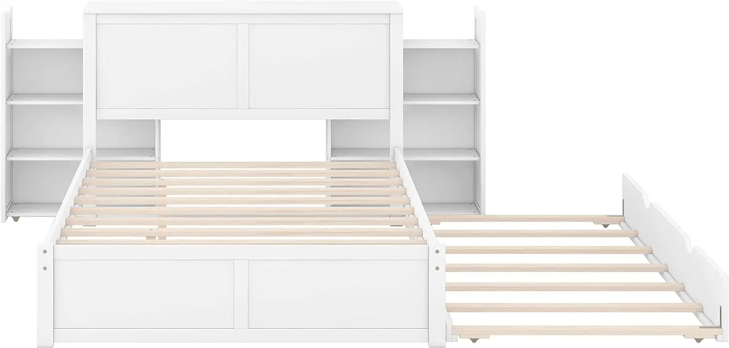 

Full Size Storage Platform Bed Frame with 4-tier Pull Out Shelves and Twin Trundle, Solid Wood Slats