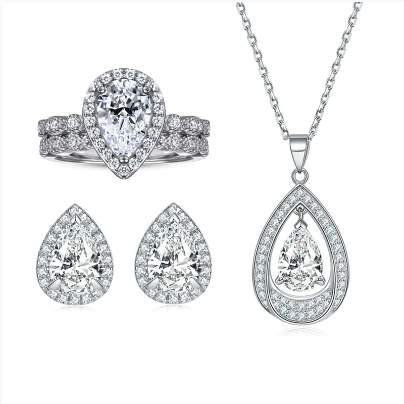 s925 sterling silver drop-shaped zircon ring set, including ring and earrings, with a beating heart necklace jewelry set, three-