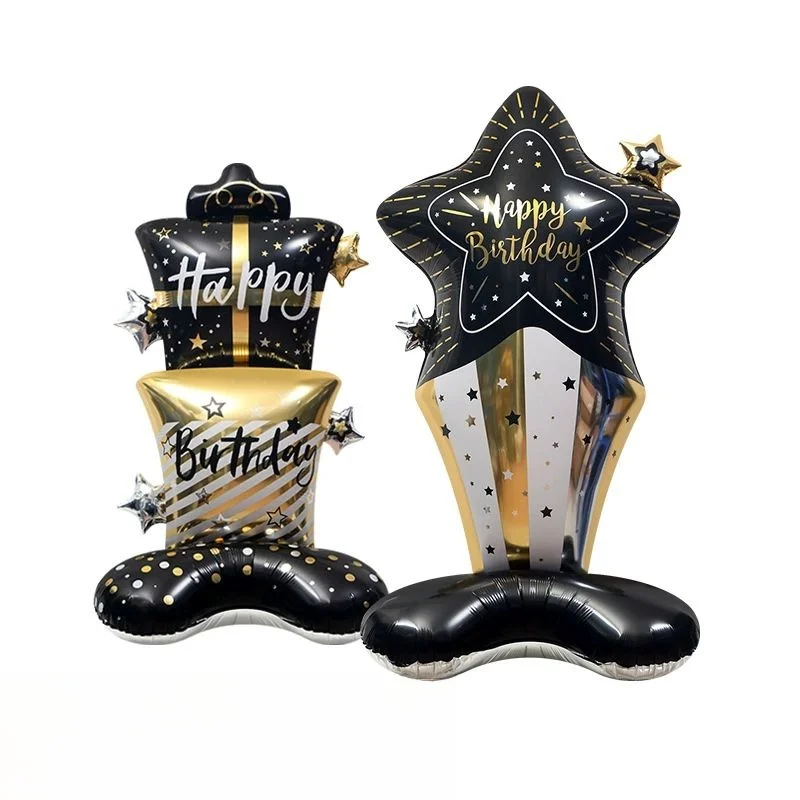 1 unidad de soporte grande de oro negro, caja de regalo de feliz cumpleaños, globos de pie para cumpleaños, decoraciones para fiesta de cumpleaños para niños y adultos