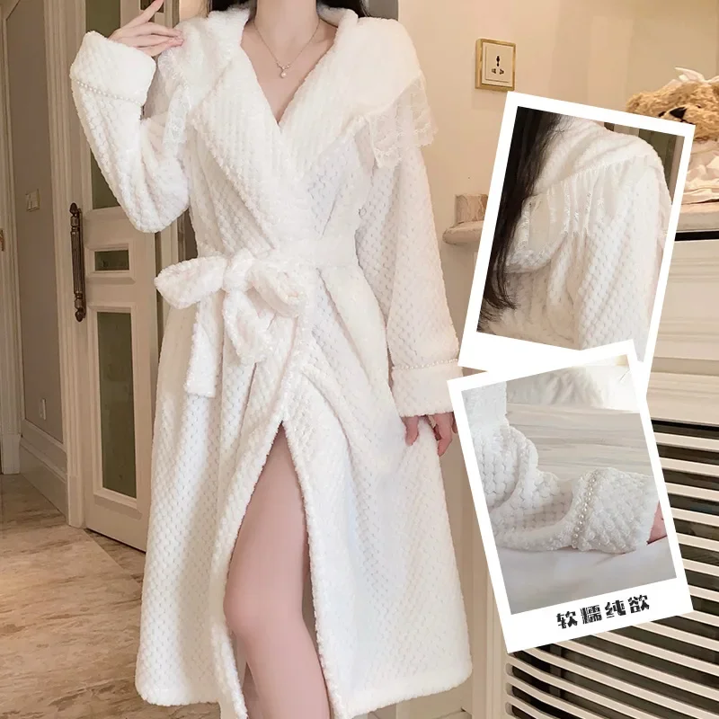 Autumn Winter Flannel Bathrobe Lingeriewear White Bride Robe Long Sleeve Women Sleepwear Kimono Gown Nightgown Homewear