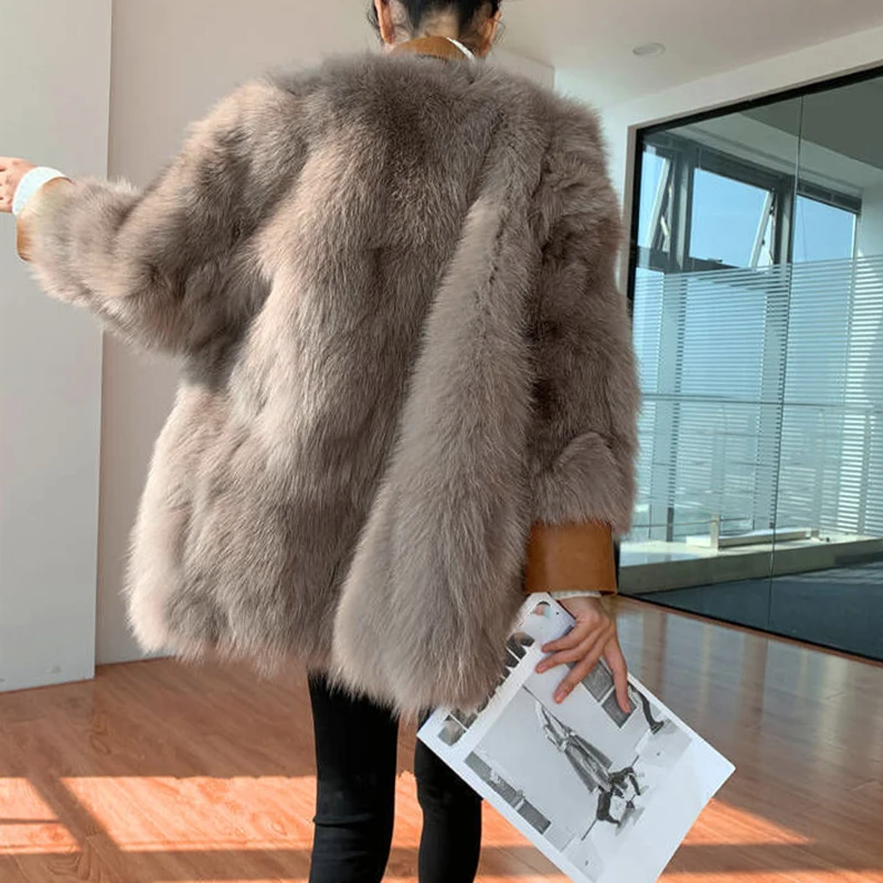 Vintage Vrouwen Winter Vos Bontjas Luxe Pu Lederen Pak Kraag Warm Faux Fur Jas Meisje Mode Streetwear Overjas