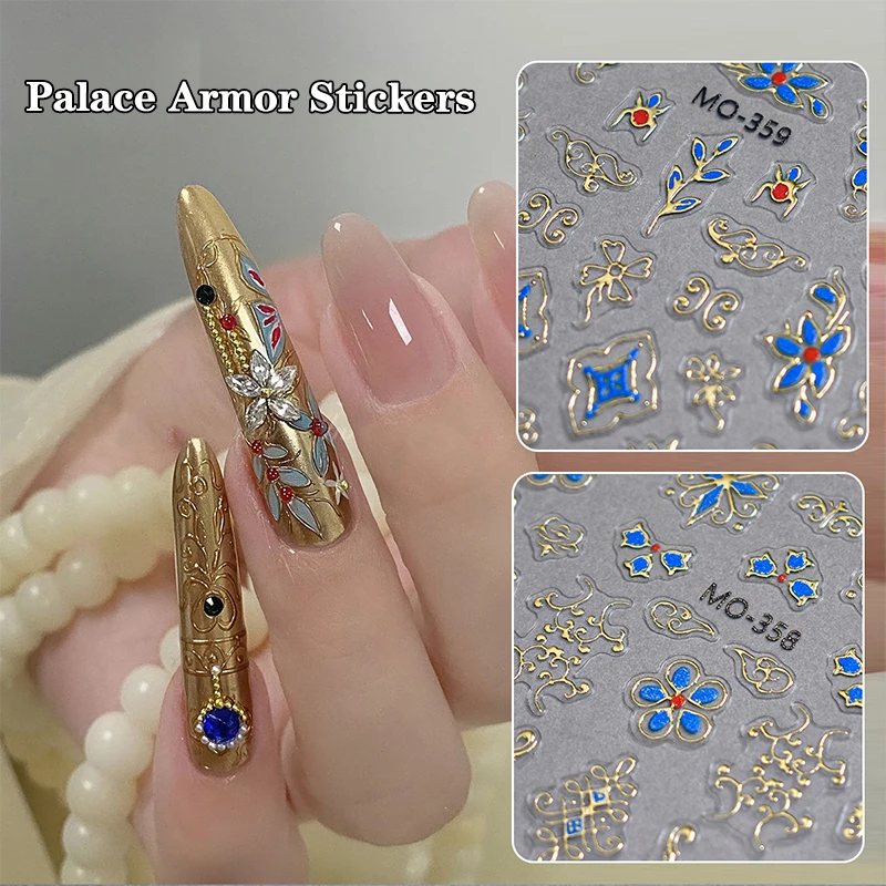 

Chinese Palace Style Noble Consort Ethnic Totem Gold Blue Glass Flower Hot Stamping Geometric Nail Art Stickers Manicure Decals