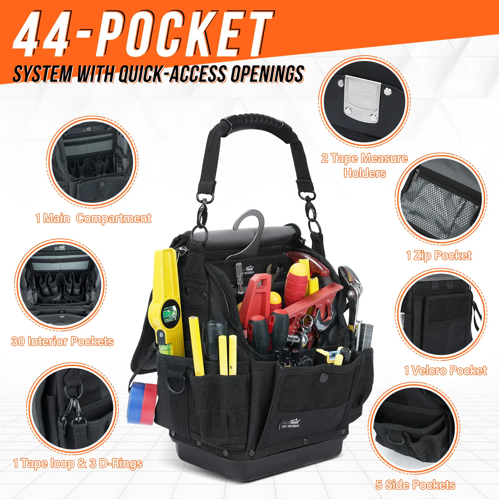 Electrician Tool Bag,44-Pockets Pro Pack Tool Bag,Pro Pac,Small Sturdy Base Heavy Duty Tool Pouch for Electrician