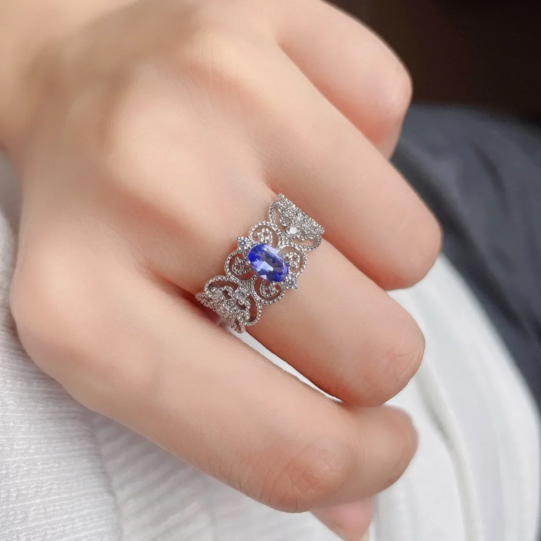 Natural Tanzanite Gemstone Ring 925 Sterling Silver for Women Lace style Love Gift Luxury Fine Jewelry