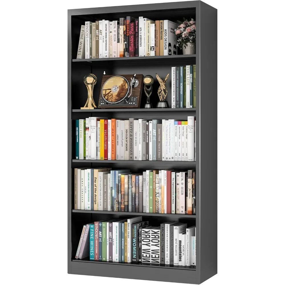 

66 Inch High Metal Bookcase, 5 Shelf Black Bookcase with Adjustable Shelves, Modern Bookshelf Storage Organizer