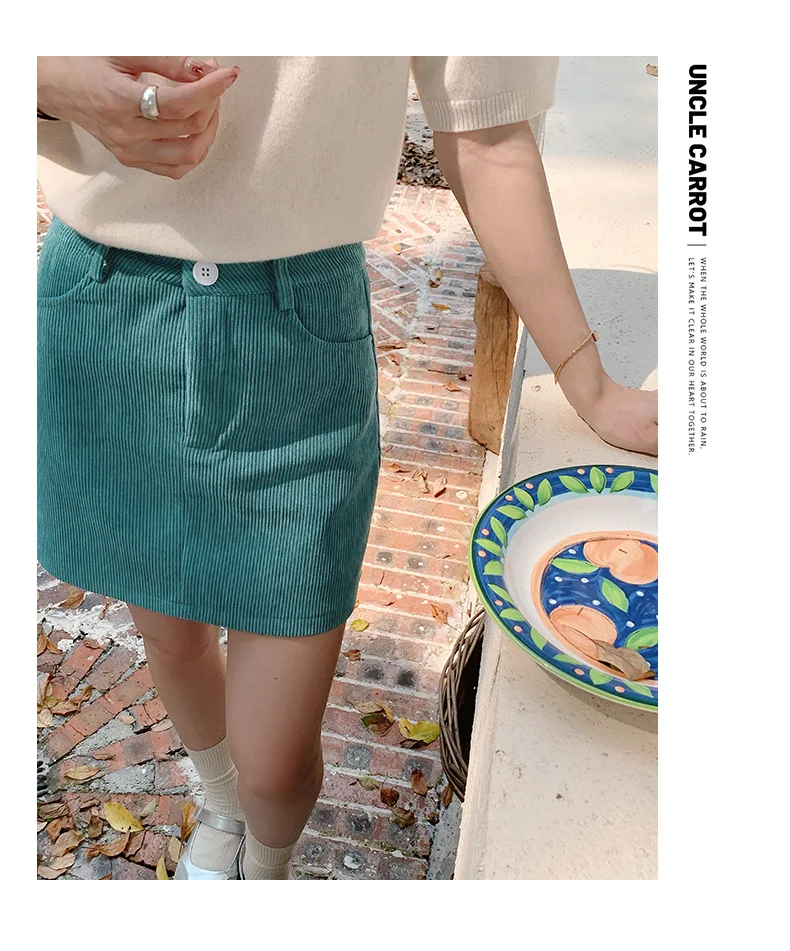Women's High-Waist A-Line Short Skirt Spring Autumn Retro Brown Corduroy Skirts Woman Solid Color Straight Leg Pencil Skirt Mini
