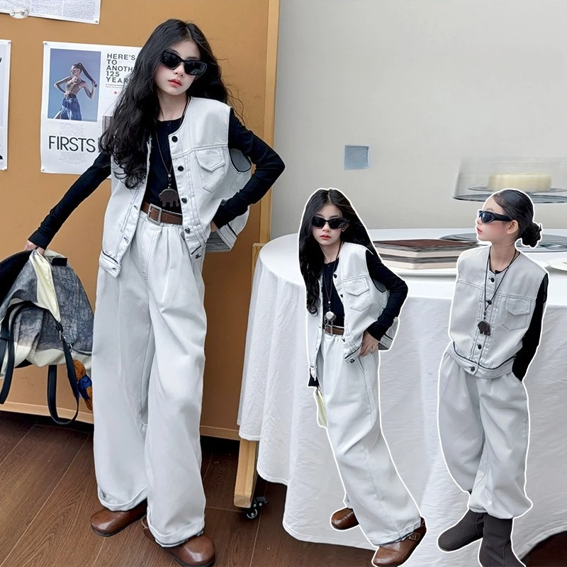 

Осенний белый джинсовый костюм во французском стиле для девочек-подростков, костюм, ковбойский жилет + широкие брюки, костюм из 2 предметов для маленьких детей, модная детская одежда