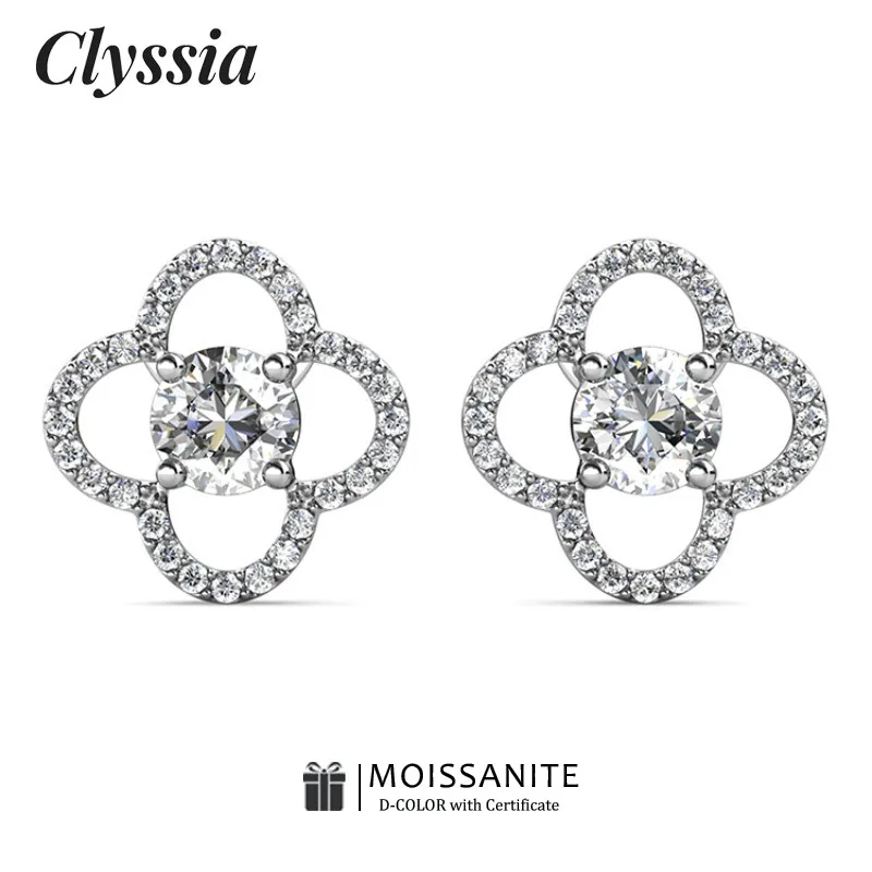 

CLYSSIA D VVS1 серьги-гвоздики с муассанитом и цветком, стерлинговое серебро 925 пробы, белое золото 18 карат, круглый подарок с драгоценным камнем для женщин