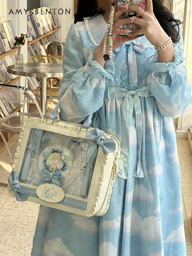 Original Two-dimensional Double Shoulder Itabag Cute Lolita Large-capacity Messenger Bag Japanese Sweet Bow Transparent Backpack