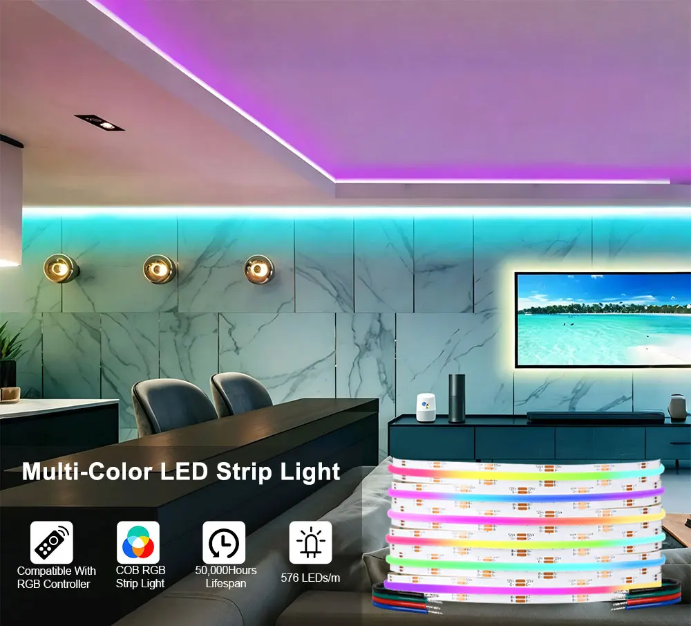 RGB COB LED-Streifenlichter, 576 LEDs/m, mehrfarbig wechselnde LED-Bänder, flexible FCOB-LED-Leuchten für TV-Hintergrundbeleuchtung, Schlafzimmer, DC12V 24V – Detail 1