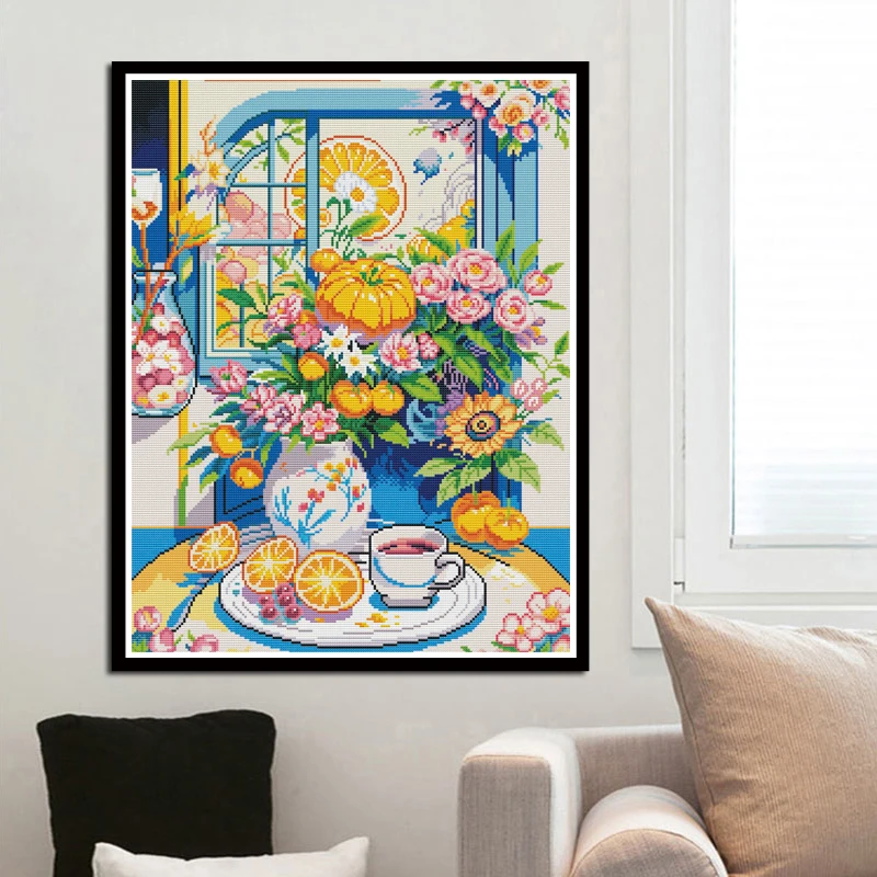 Fiori e tè punto croce Kit fai da te 11CT 9CT ricamo fatto a mano nuovo tempo libero decorazione della casa pittura artigianato confezione Set