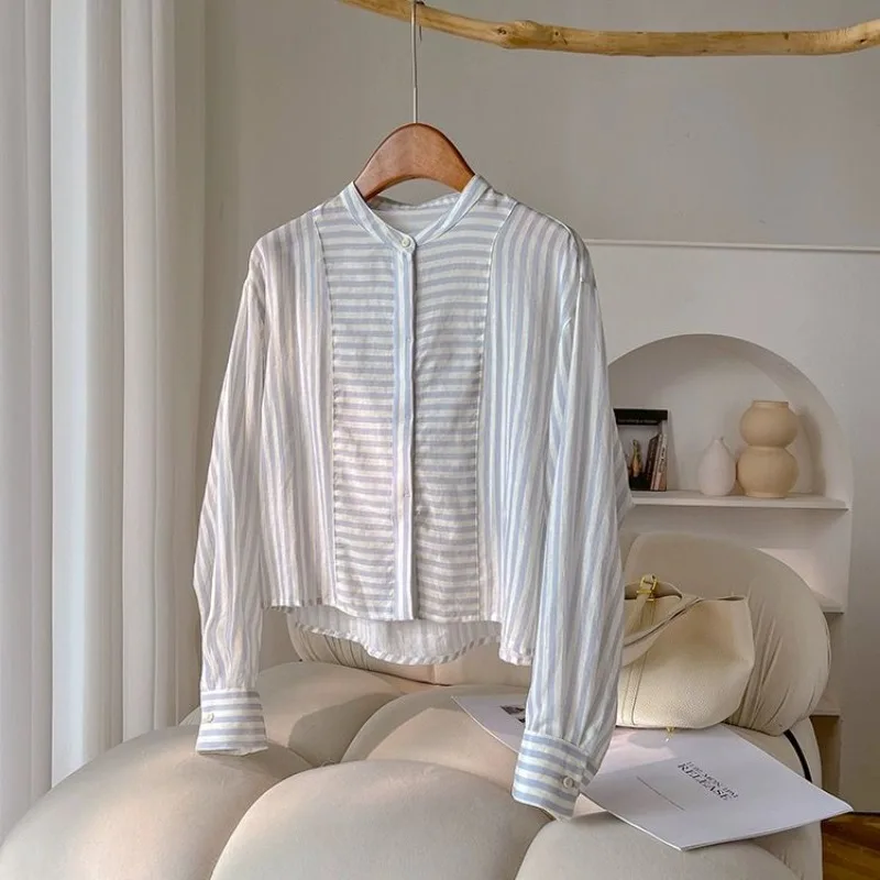 

Striped Shirt Drop Rotator Sleeves Covering Flesh Long Sleeve Spring Casual Simple Temperament Short Top New Women