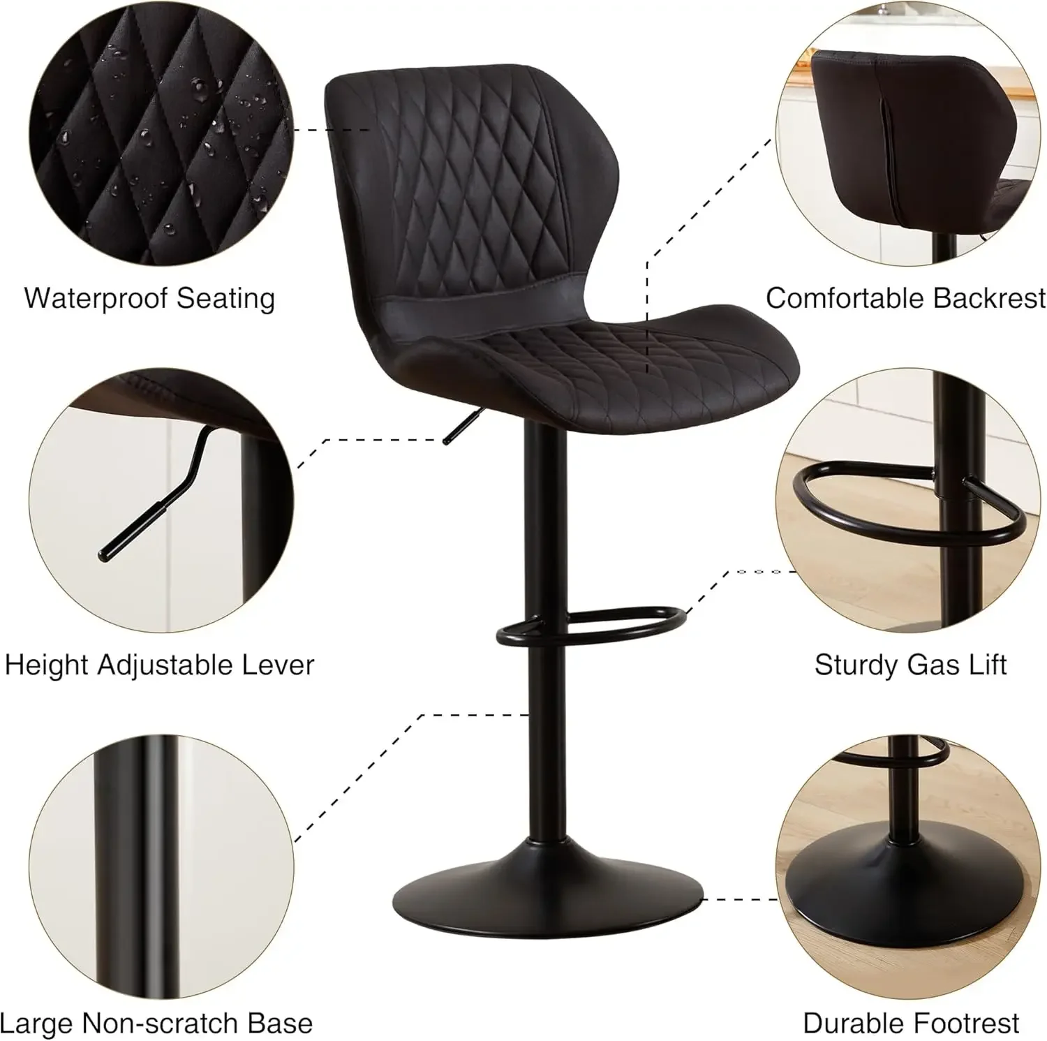 Black Bar Stools Set of 4, Modern Swivel Counter Height Barstools with Back for Kitchen Island Chairs