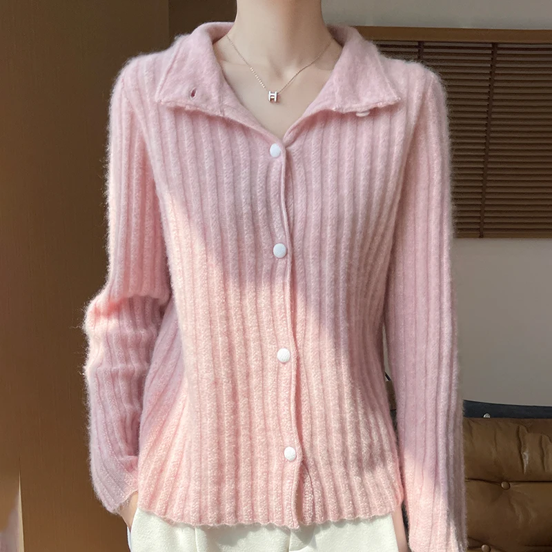 Solid Color Wool Cardigan For AutumnWinter Women Warm Long Sleeved Loose And Elegant Knit Sweater 100% Merino Wool Jacket Top