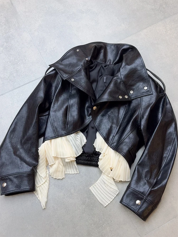 Cool Black PU Leather Jacket Women's Unique Design Sensation Special  Versatile Matching Jacke Top Korean Style
