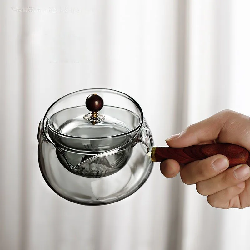 Portable Tea Set Glass Fine Tea Pot Office Home Open Fire Heating Wooden Handle 360 Degree Rotation Heat-resisting Teapot ZD122